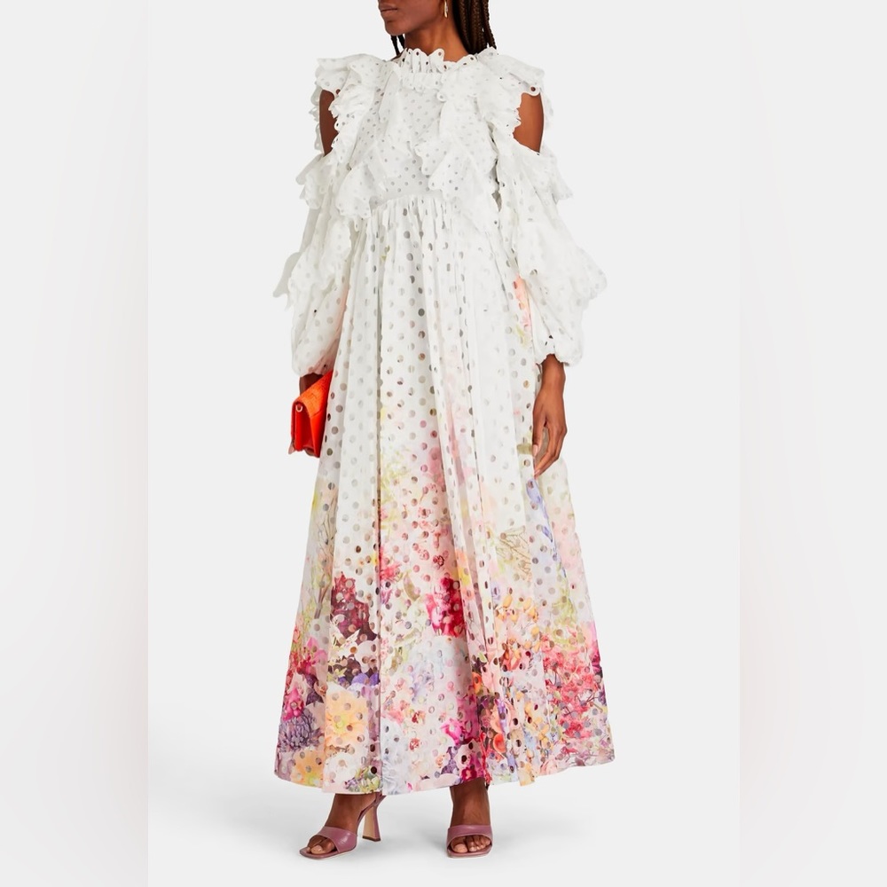 ZIMMERMAN Ruffled laser-cut floral-print gauze gown